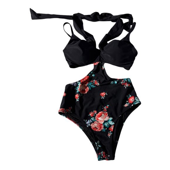 Cupshe floral wrap cutout one piece bathing suit swimsuit black size X-Small XS - Picture 2 of 8